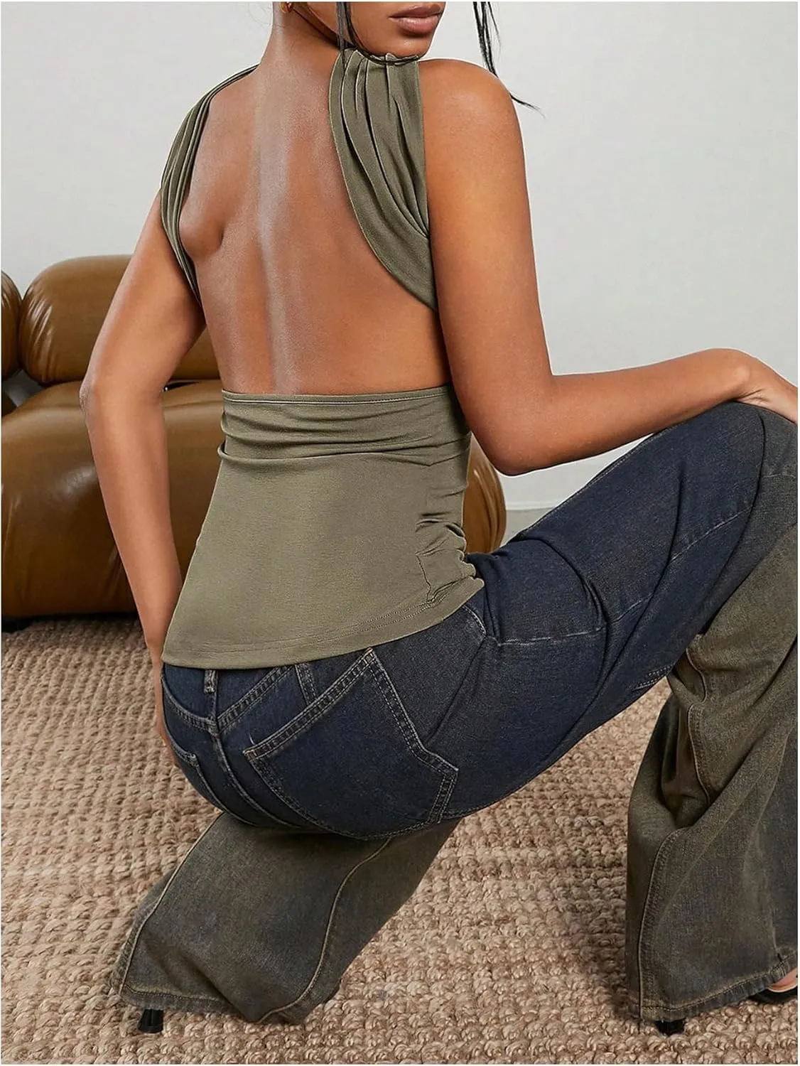 Milumia Women Ruched Strapless Halter Tube Top Open Back Slim Fit Bandeau Shirts