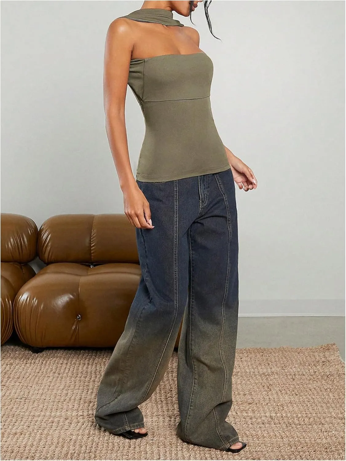 Milumia Women Ruched Strapless Halter Tube Top Open Back Slim Fit Bandeau Shirts