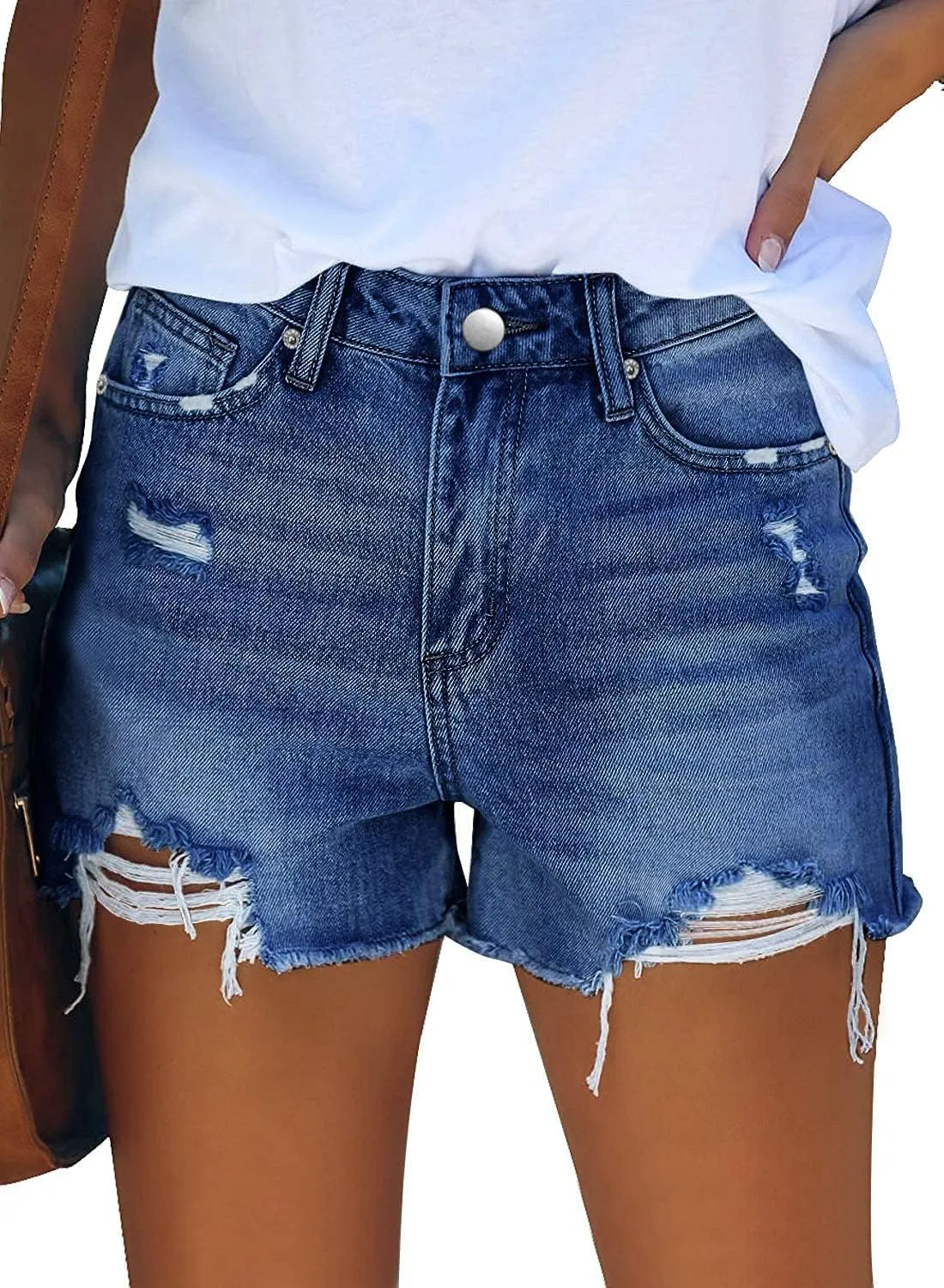MINGALONDON Women's Denim Shorts Mid Waist Ripped Distressed