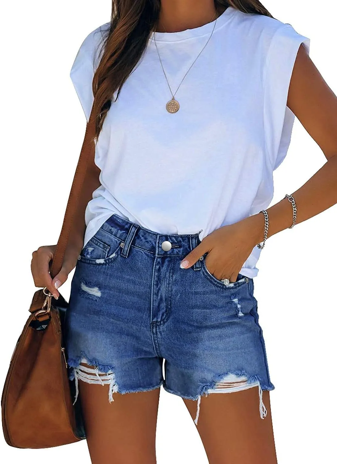 MINGALONDON Women's Denim Shorts Mid Waist Ripped Distressed