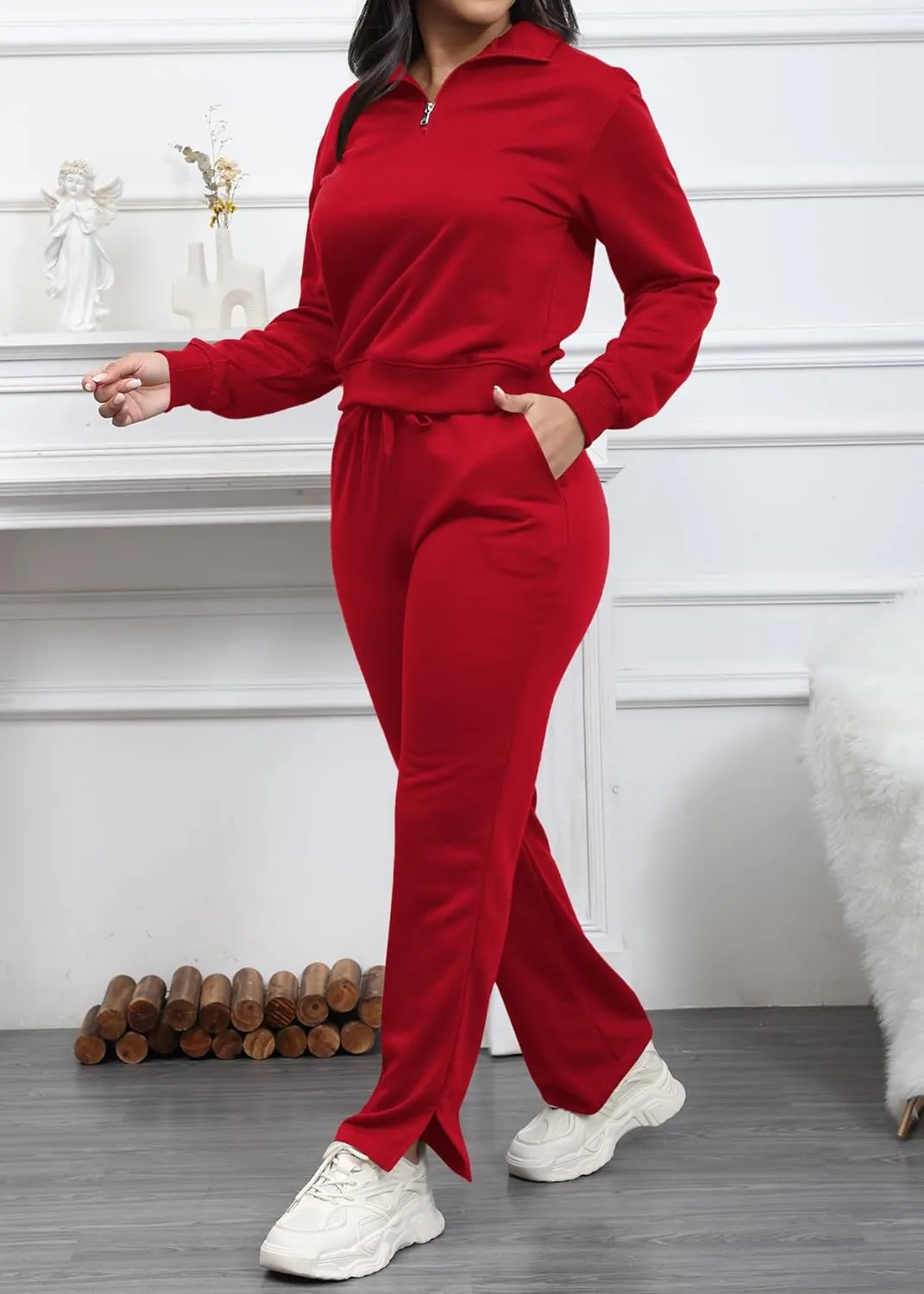MOEENCN Women 2 Piece Outfits Sweatsuit Oversized Half Zip Sweatshirt Wide Leg Sweatpant Casual Lounge Matching Set Tracksuit