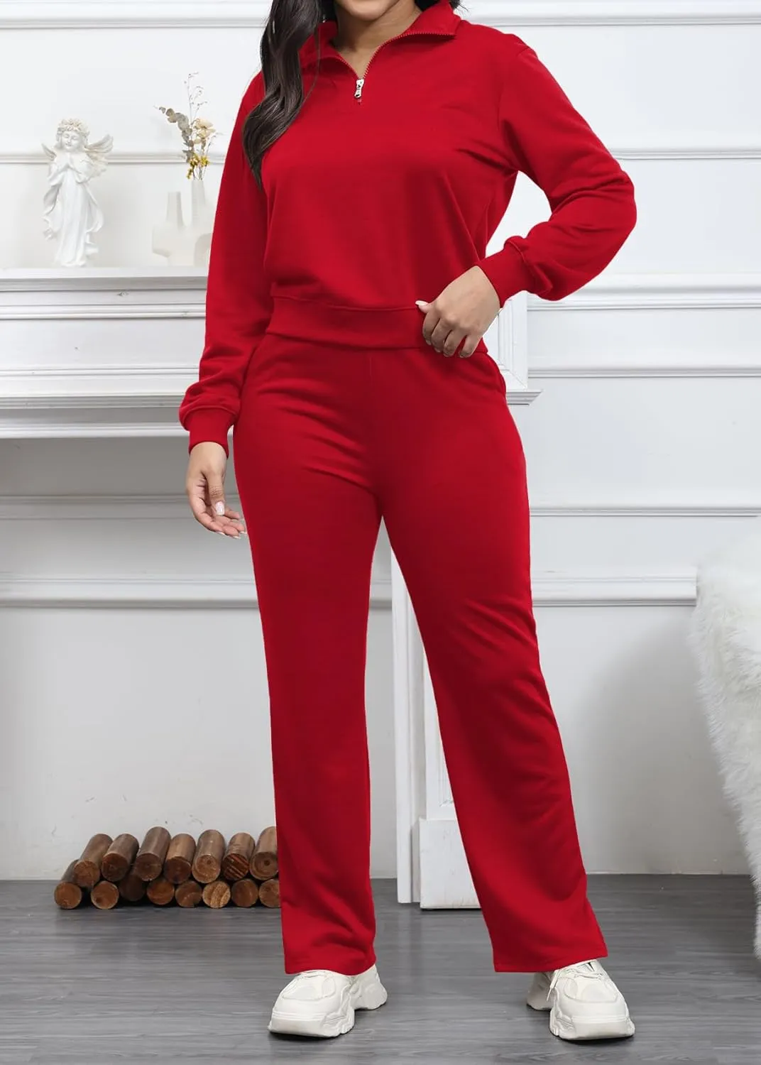 MOEENCN Women 2 Piece Outfits Sweatsuit Oversized Half Zip Sweatshirt Wide Leg Sweatpant Casual Lounge Matching Set Tracksuit