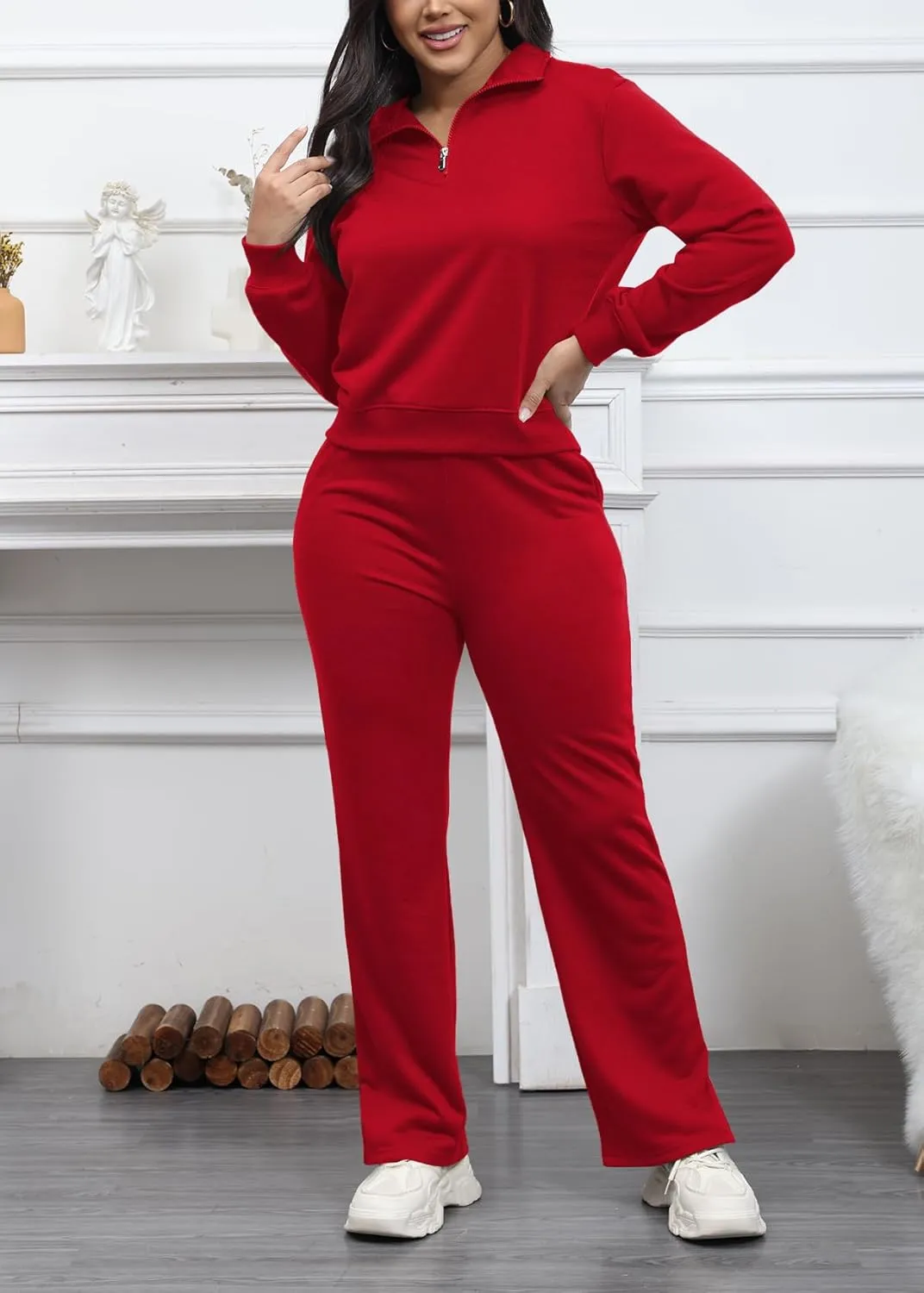 MOEENCN Women 2 Piece Outfits Sweatsuit Oversized Half Zip Sweatshirt Wide Leg Sweatpant Casual Lounge Matching Set Tracksuit