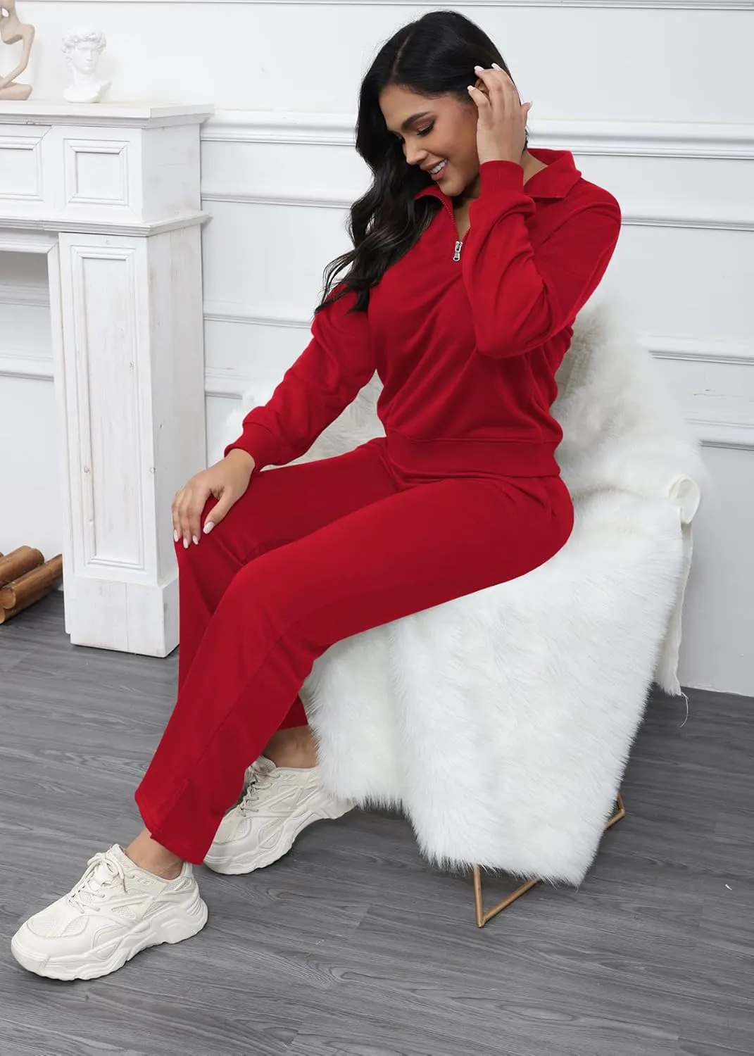 MOEENCN Women 2 Piece Outfits Sweatsuit Oversized Half Zip Sweatshirt Wide Leg Sweatpant Casual Lounge Matching Set Tracksuit