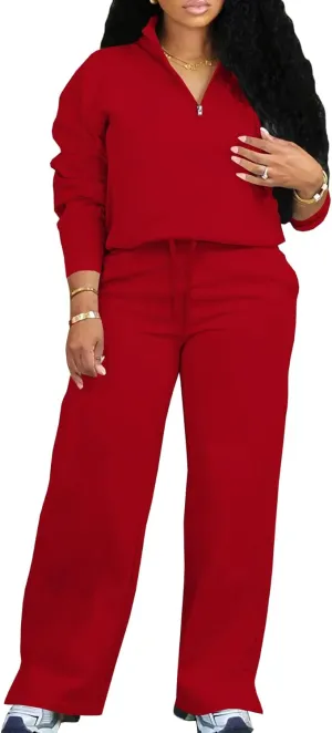MOEENCN Women 2 Piece Outfits Sweatsuit Oversized Half Zip Sweatshirt Wide Leg Sweatpant Casual Lounge Matching Set Tracksuit