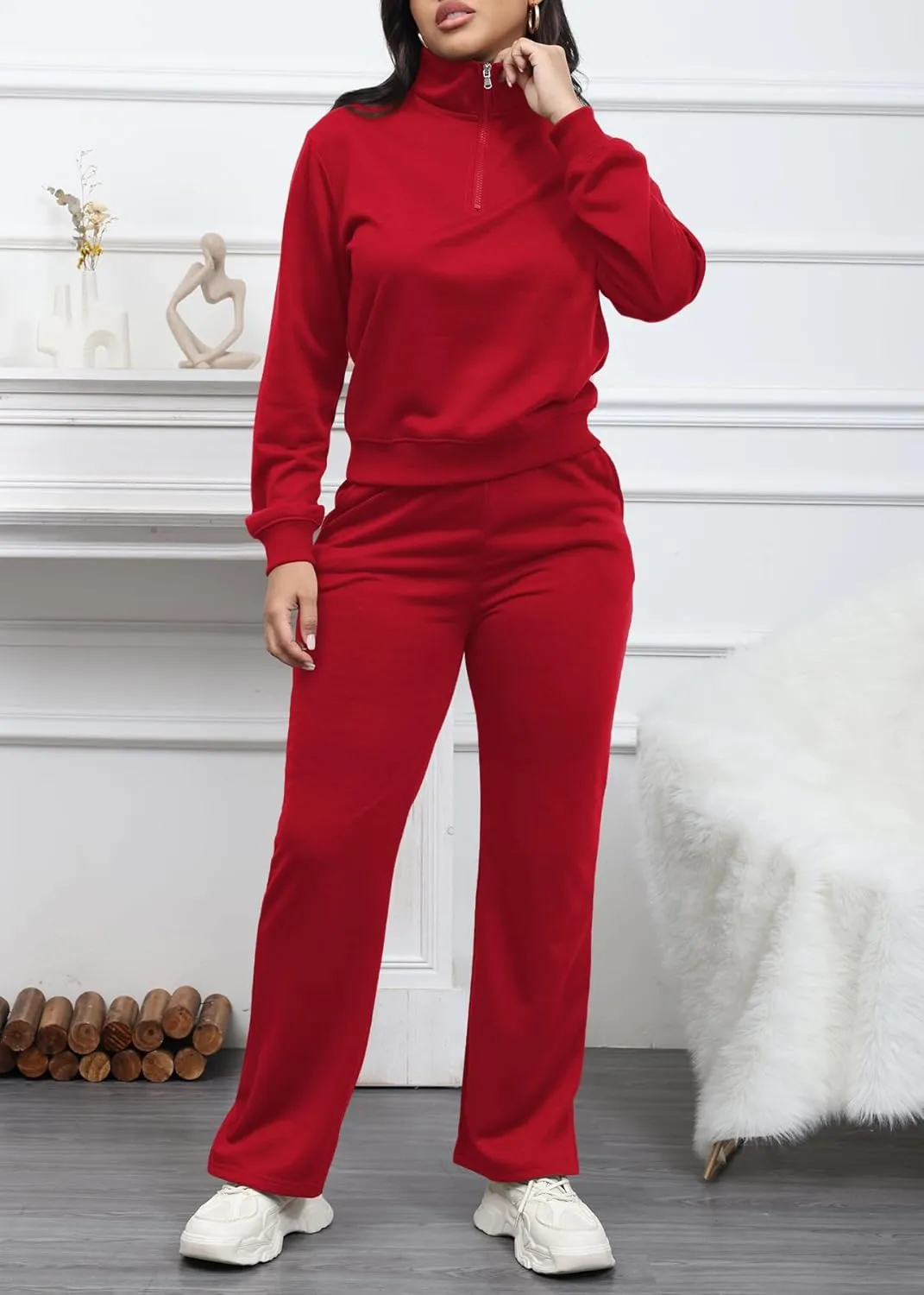 MOEENCN Women 2 Piece Outfits Sweatsuit Oversized Half Zip Sweatshirt Wide Leg Sweatpant Casual Lounge Matching Set Tracksuit