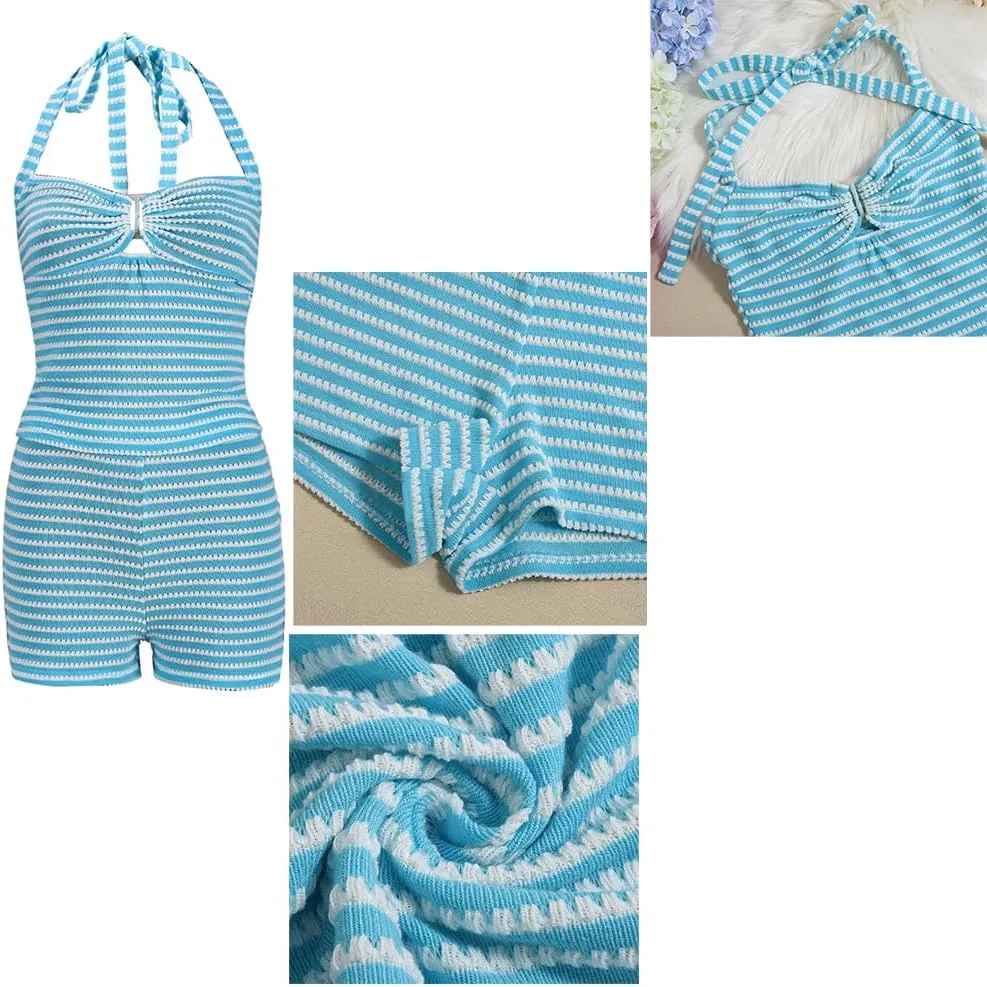 Molilove 2 Piece Knit Set for Women Stripe Sleeveless Top Bodycon Shorts Tracksuits Y2k Lounge Outfits Beach Set