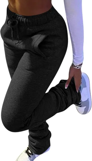 Molisry Women Stacked Sweatpants Fleece Drawstring High Waist Legging Jogger for Fall