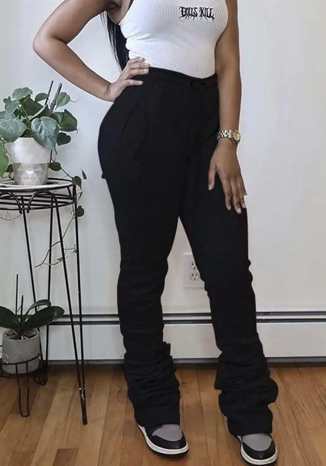 Molisry Women Stacked Sweatpants Fleece Drawstring High Waist Legging Jogger for Fall