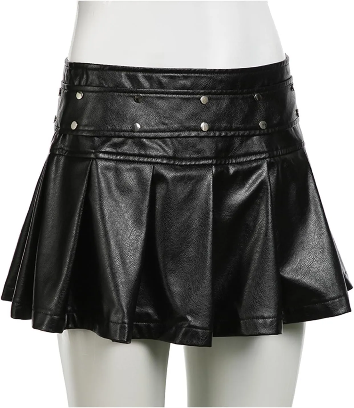 Molisry Women's Faux Leather Skirt Low Waisted Sexy A-Line Trendy Belted PU Black Pleated Ruffle Mini Skirt Steampunk