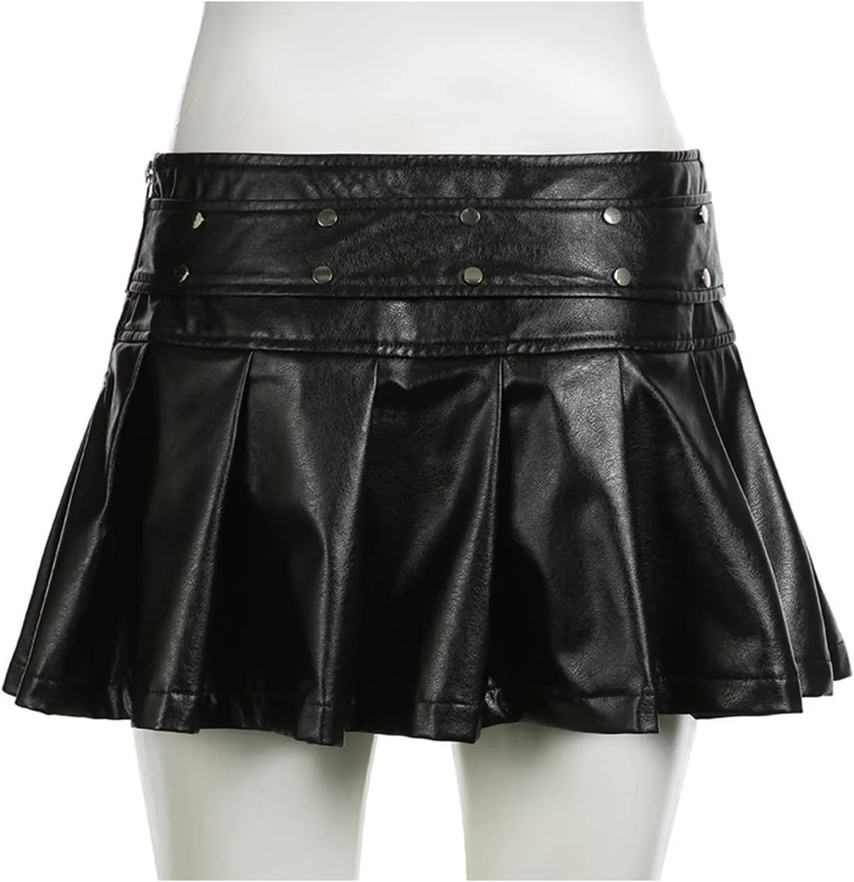 Molisry Women's Faux Leather Skirt Low Waisted Sexy A-Line Trendy Belted PU Black Pleated Ruffle Mini Skirt Steampunk