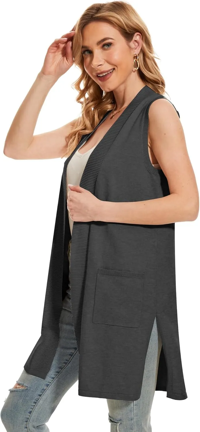 Moss Rose Long Vest for Women Sleeveless Lightweight Open Front Cardigans Ribbed Knit Outwear with Pockets