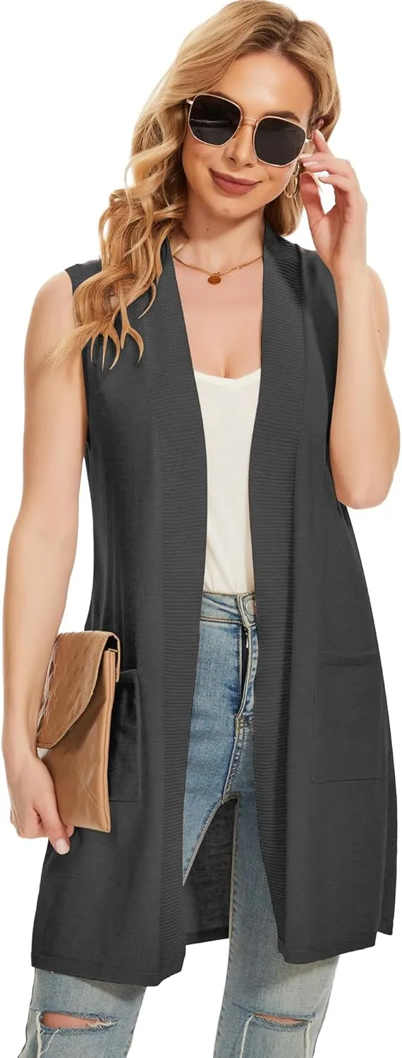 Moss Rose Long Vest for Women Sleeveless Lightweight Open Front Cardigans Ribbed Knit Outwear with Pockets