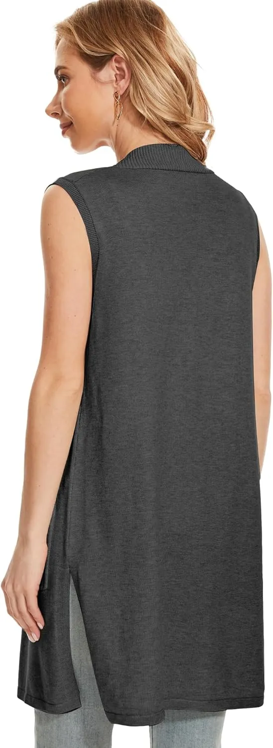 Moss Rose Long Vest for Women Sleeveless Lightweight Open Front Cardigans Ribbed Knit Outwear with Pockets