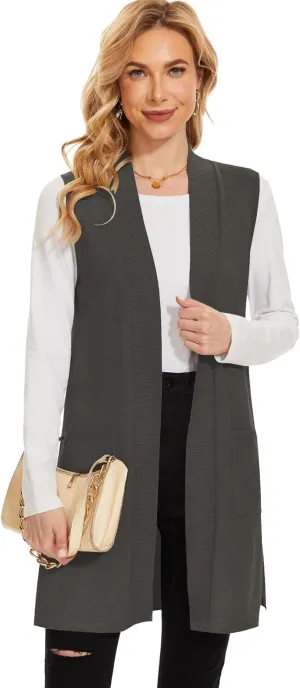 Moss Rose Long Vest for Women Sleeveless Lightweight Open Front Cardigans Ribbed Knit Outwear with Pockets
