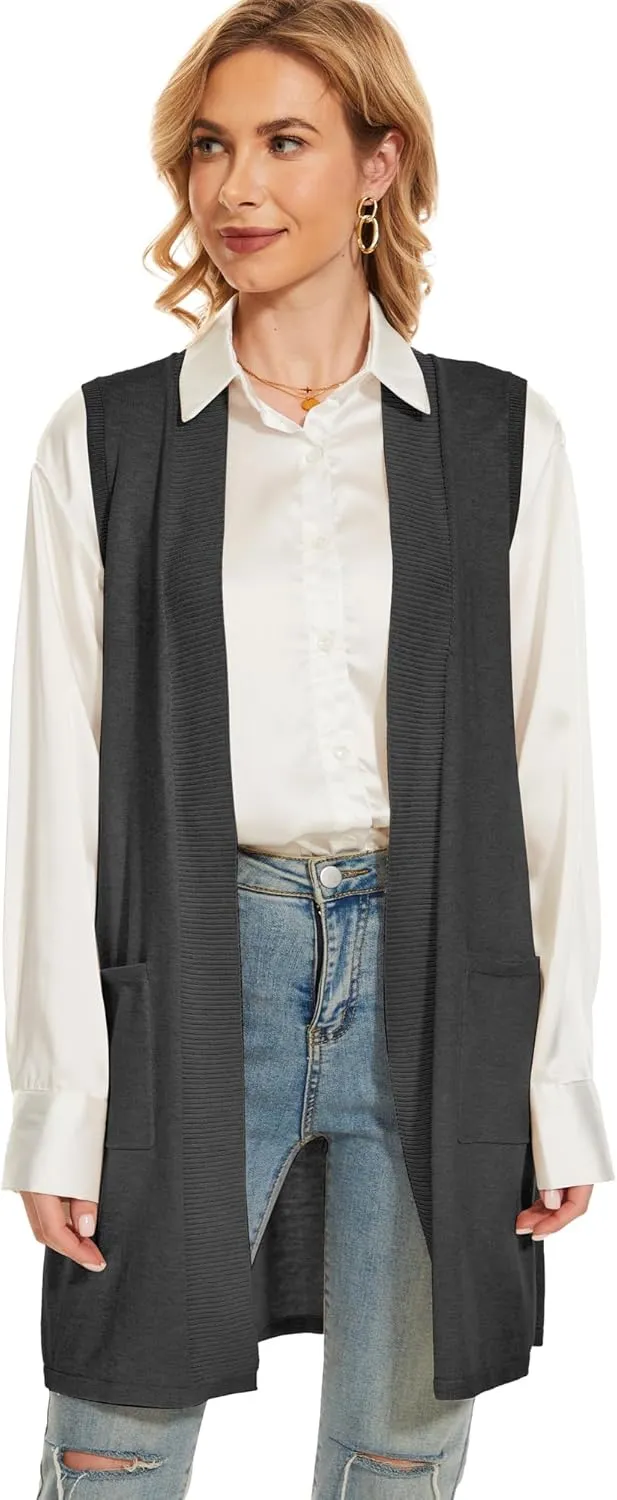 Moss Rose Long Vest for Women Sleeveless Lightweight Open Front Cardigans Ribbed Knit Outwear with Pockets