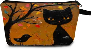Oil Painting Black Cat Cosmetic Bag Bird Companion Art Design, Artistic Printed Makeup Organizer for Art Lover Travel & Boho Home Decor Unique Gift Idea for Halloween/Witch Night