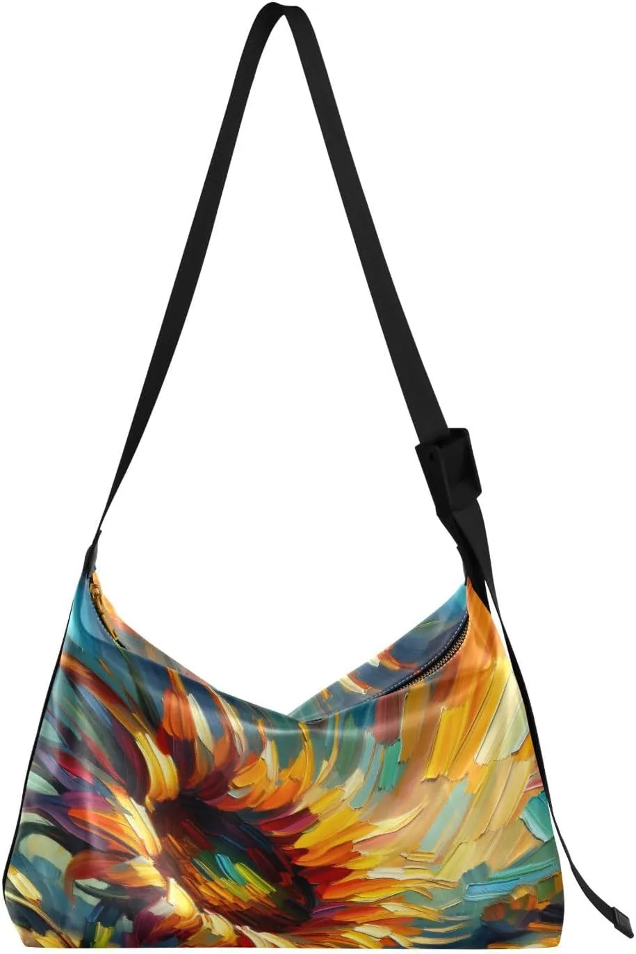 Oil Painting Sunflower Hobo Crossbody Bags for Women Leather Large Shoulder Bag Cross Body Artistic Trendy Womens Tote Bags Handbag for Travel Shopping