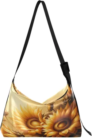 Oil Painting Sunflowers Hobo Crossbody Bags for Women Leather Large Shoulder Bag Cross Body Artistic Spring Floral Trendy Womens Tote Bags Handbag for Travel Shopping