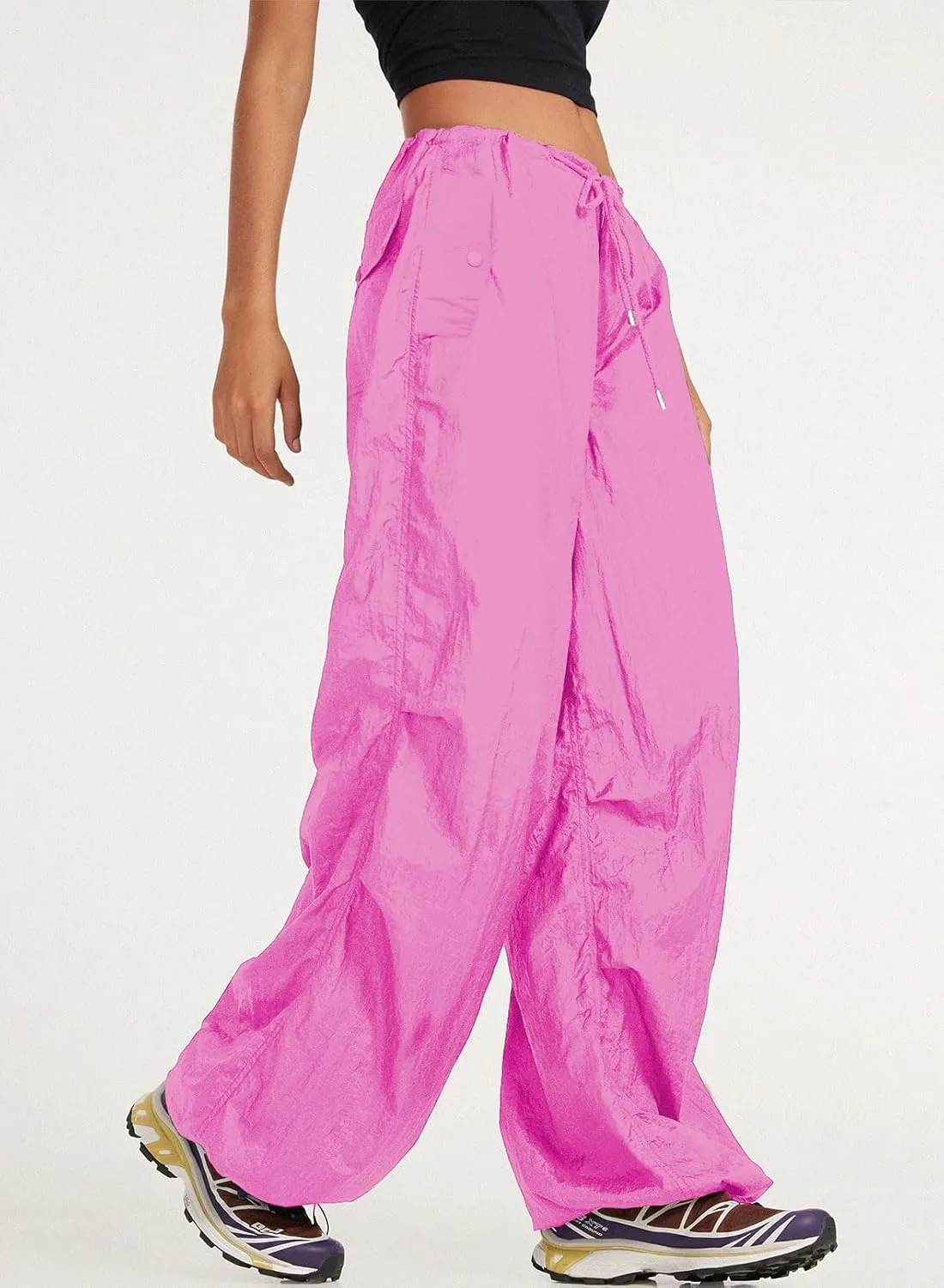 ONIRIKE Womens Parachute Pants Drawstring Elastic Low Waist Sweatpants Loose Baggy Y2K Cargo Pants Trousers with Pockets