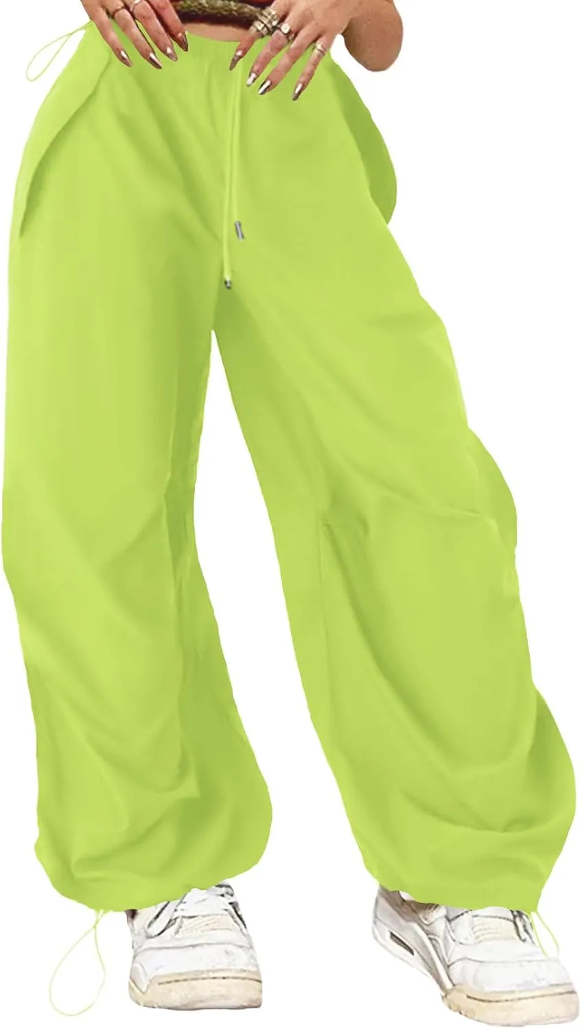 ONIRIKE Womens Parachute Pants Drawstring Elastic Low Waist Sweatpants Loose Baggy Y2K Cargo Pants Trousers with Pockets