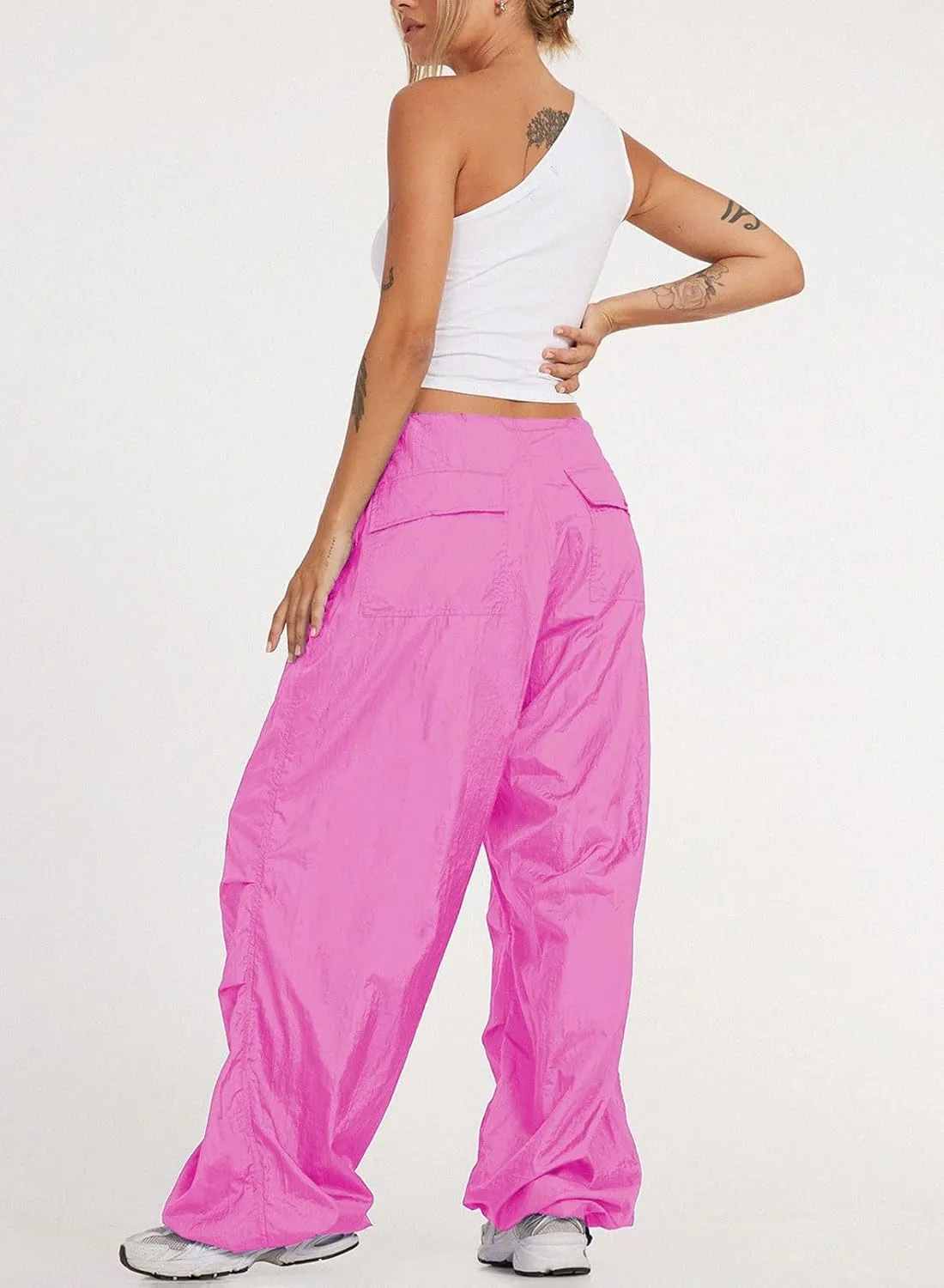 ONIRIKE Womens Parachute Pants Drawstring Elastic Low Waist Sweatpants Loose Baggy Y2K Cargo Pants Trousers with Pockets