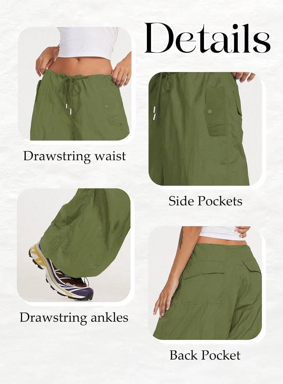 ONIRIKE Womens Parachute Pants Drawstring Elastic Low Waist Sweatpants Loose Baggy Y2K Cargo Pants Trousers with Pockets