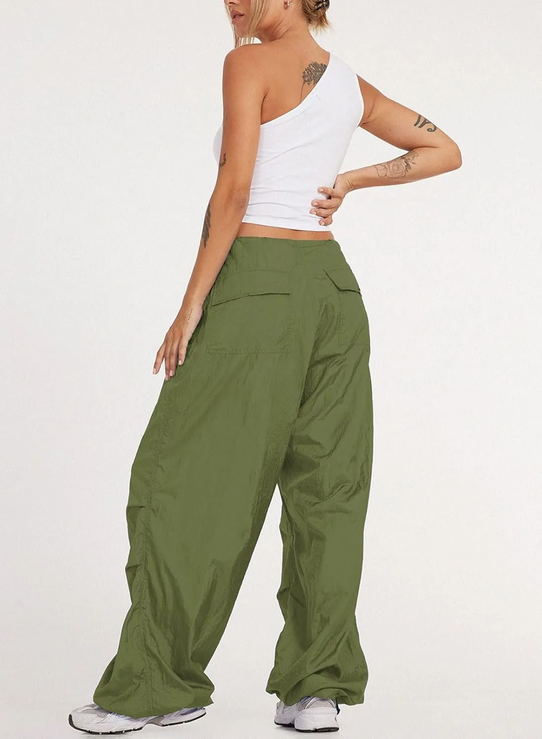 ONIRIKE Womens Parachute Pants Drawstring Elastic Low Waist Sweatpants Loose Baggy Y2K Cargo Pants Trousers with Pockets