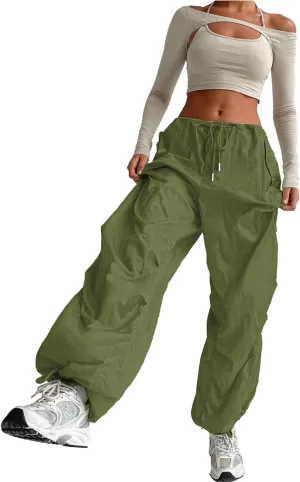 ONIRIKE Womens Parachute Pants Drawstring Elastic Low Waist Sweatpants Loose Baggy Y2K Cargo Pants Trousers with Pockets