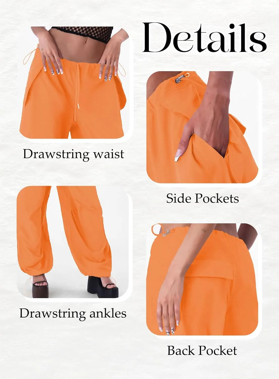 ONIRIKE Womens Parachute Pants Drawstring Elastic Low Waist Sweatpants Loose Baggy Y2K Cargo Pants Trousers with Pockets