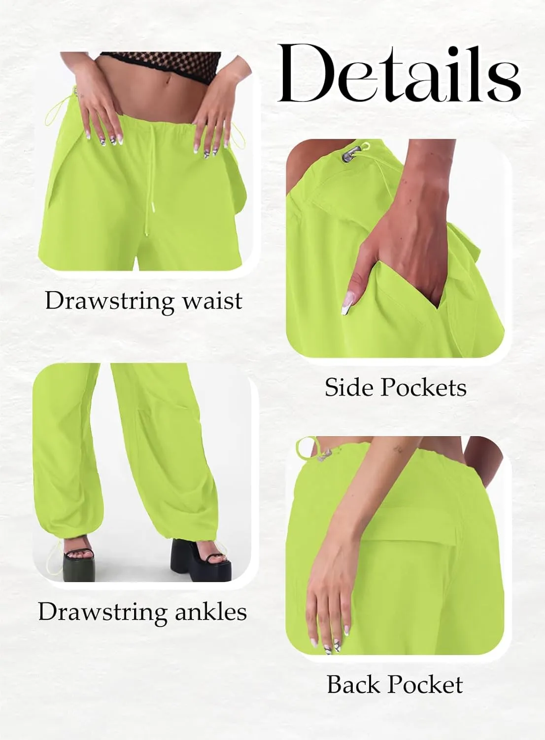 ONIRIKE Womens Parachute Pants Drawstring Elastic Low Waist Sweatpants Loose Baggy Y2K Cargo Pants Trousers with Pockets