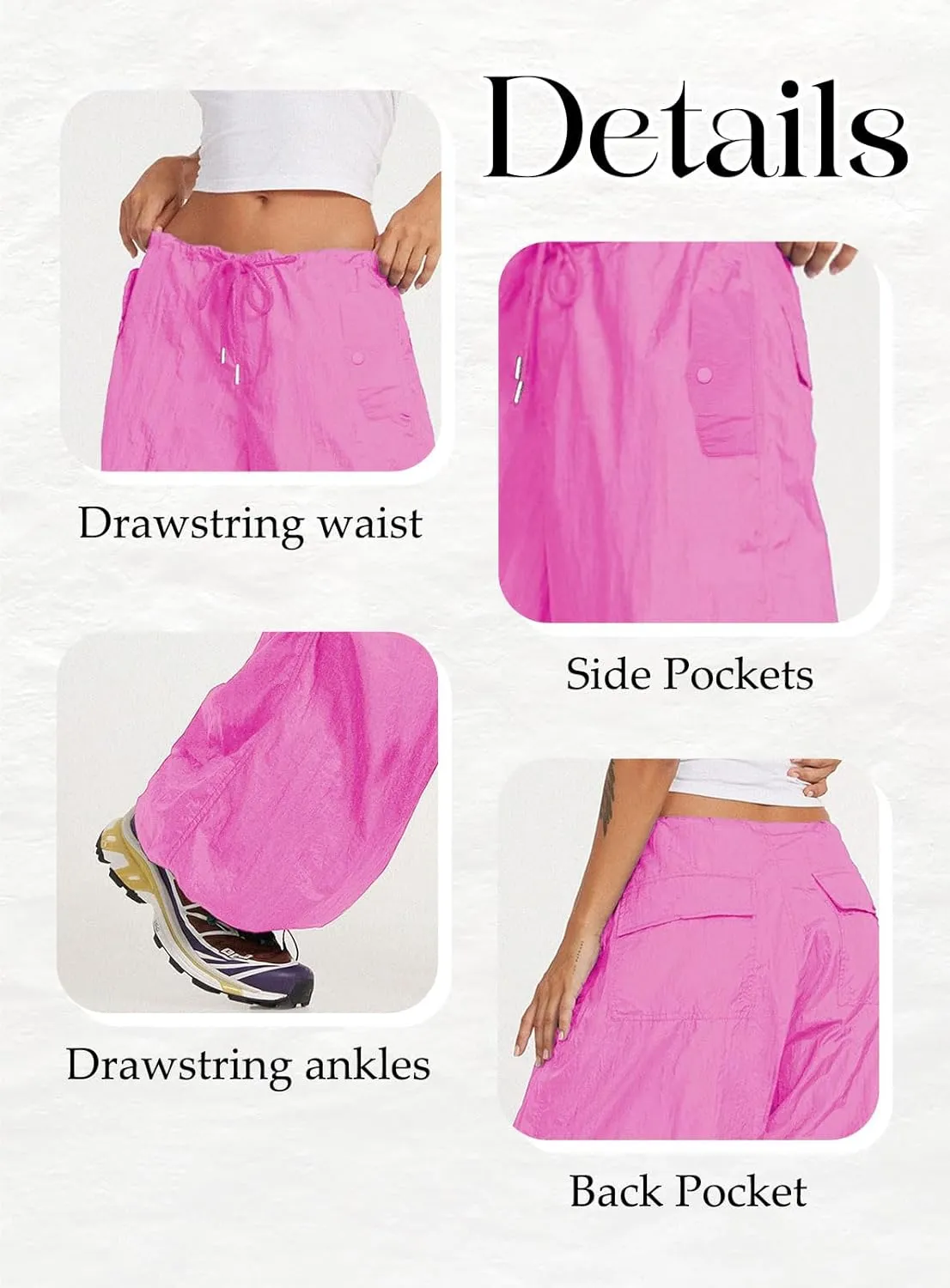 ONIRIKE Womens Parachute Pants Drawstring Elastic Low Waist Sweatpants Loose Baggy Y2K Cargo Pants Trousers with Pockets