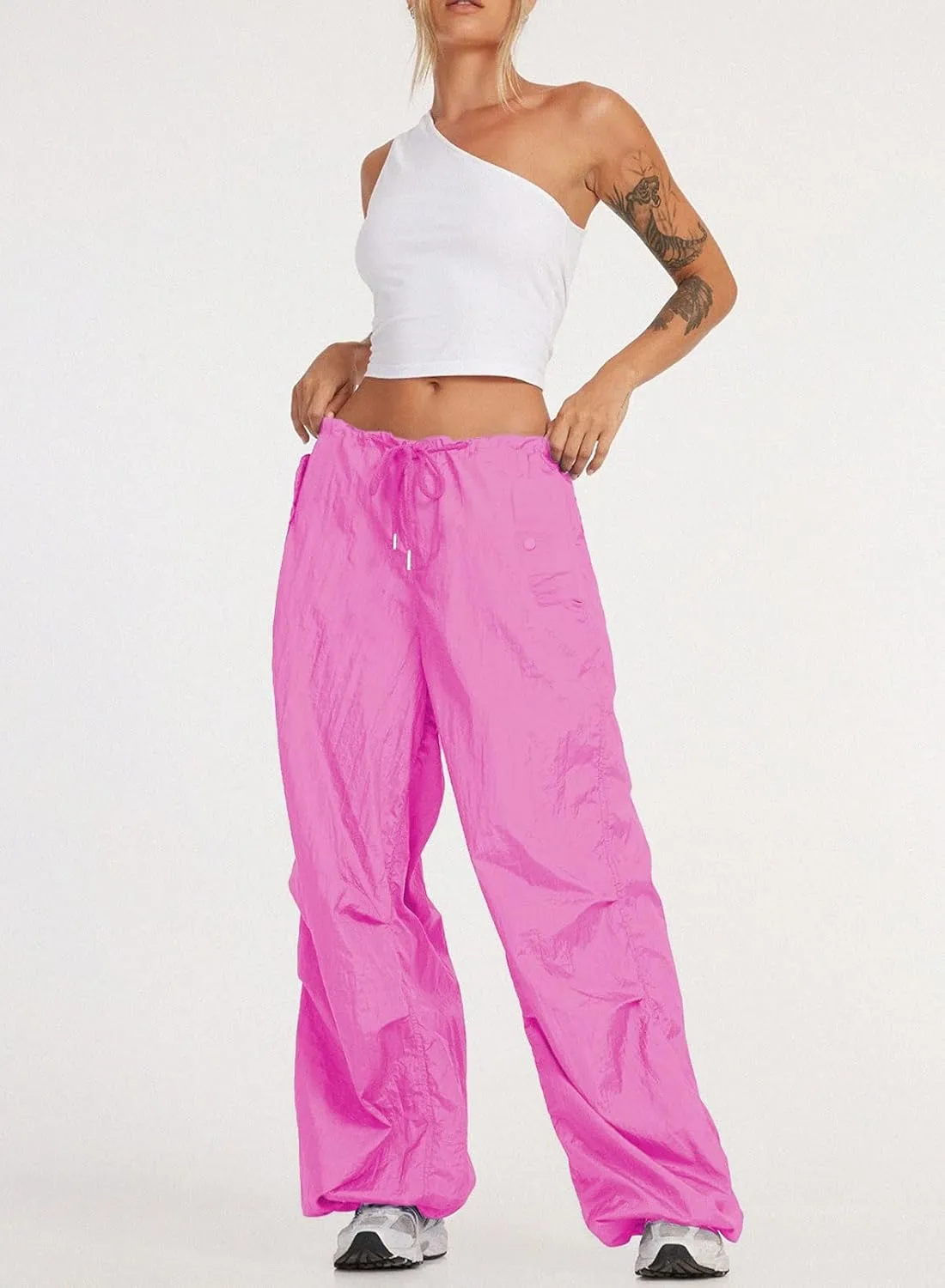 ONIRIKE Womens Parachute Pants Drawstring Elastic Low Waist Sweatpants Loose Baggy Y2K Cargo Pants Trousers with Pockets
