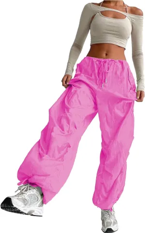 ONIRIKE Womens Parachute Pants Drawstring Elastic Low Waist Sweatpants Loose Baggy Y2K Cargo Pants Trousers with Pockets