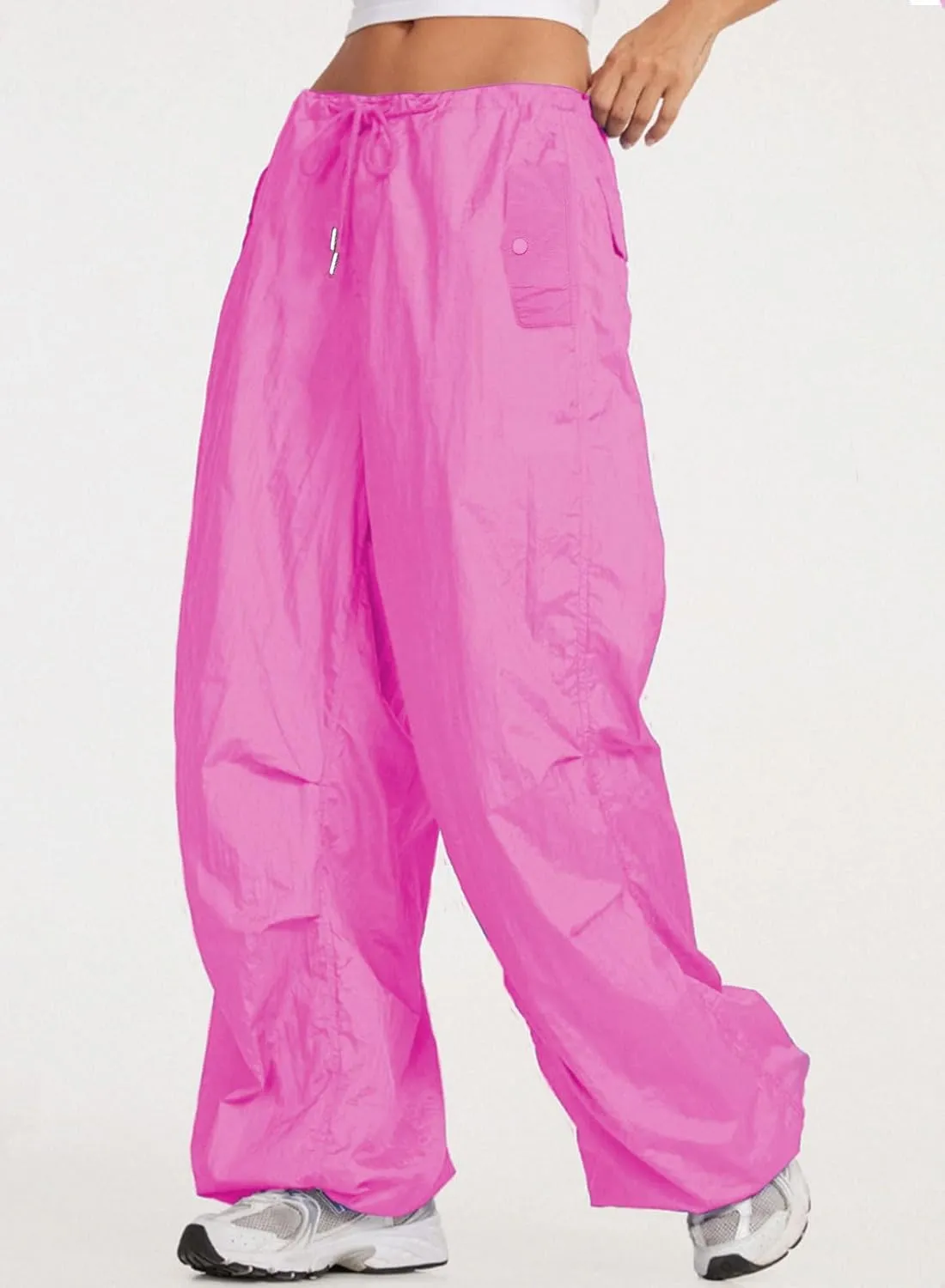 ONIRIKE Womens Parachute Pants Drawstring Elastic Low Waist Sweatpants Loose Baggy Y2K Cargo Pants Trousers with Pockets