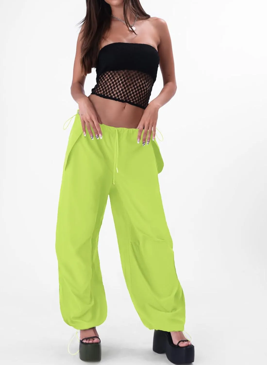 ONIRIKE Womens Parachute Pants Drawstring Elastic Low Waist Sweatpants Loose Baggy Y2K Cargo Pants Trousers with Pockets