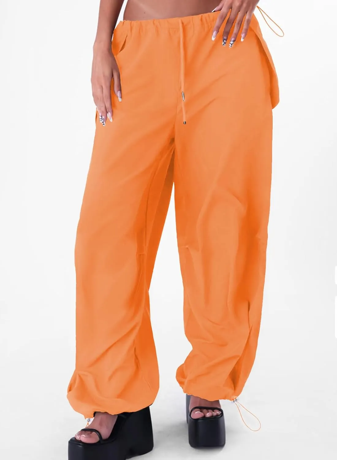 ONIRIKE Womens Parachute Pants Drawstring Elastic Low Waist Sweatpants Loose Baggy Y2K Cargo Pants Trousers with Pockets