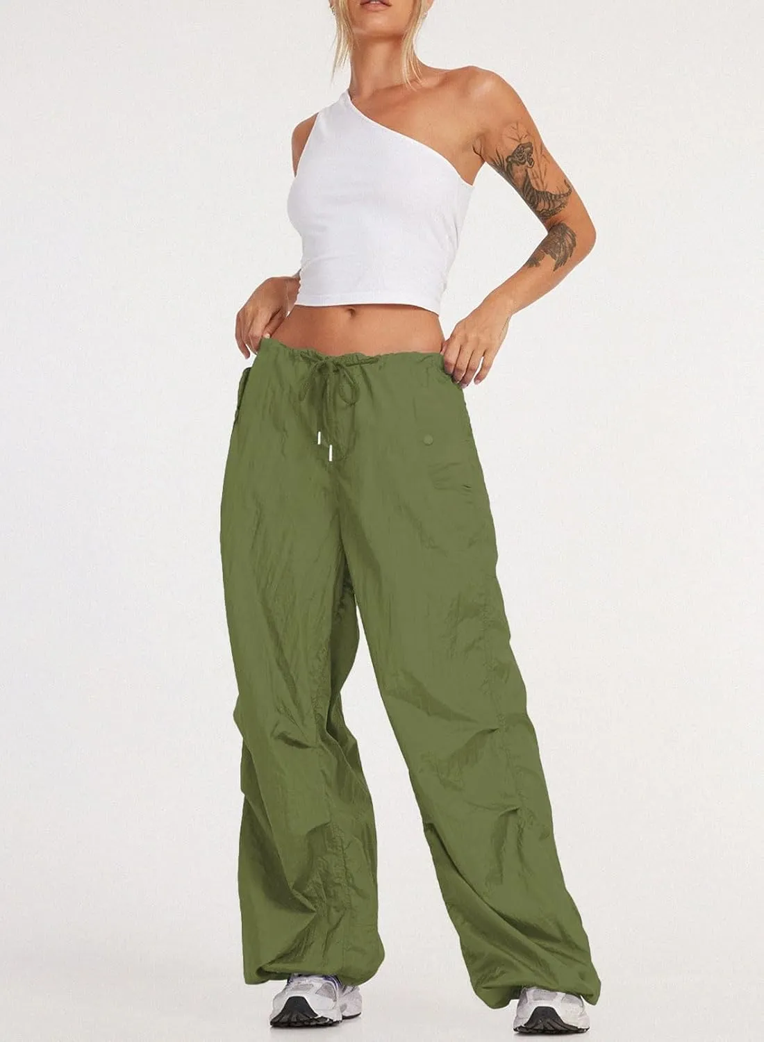 ONIRIKE Womens Parachute Pants Drawstring Elastic Low Waist Sweatpants Loose Baggy Y2K Cargo Pants Trousers with Pockets