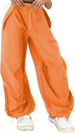 ONIRIKE Womens Parachute Pants Drawstring Elastic Low Waist Sweatpants Loose Baggy Y2K Cargo Pants Trousers with Pockets
