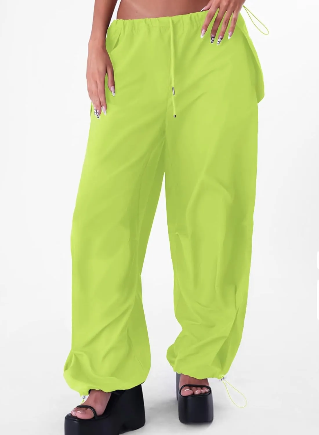 ONIRIKE Womens Parachute Pants Drawstring Elastic Low Waist Sweatpants Loose Baggy Y2K Cargo Pants Trousers with Pockets