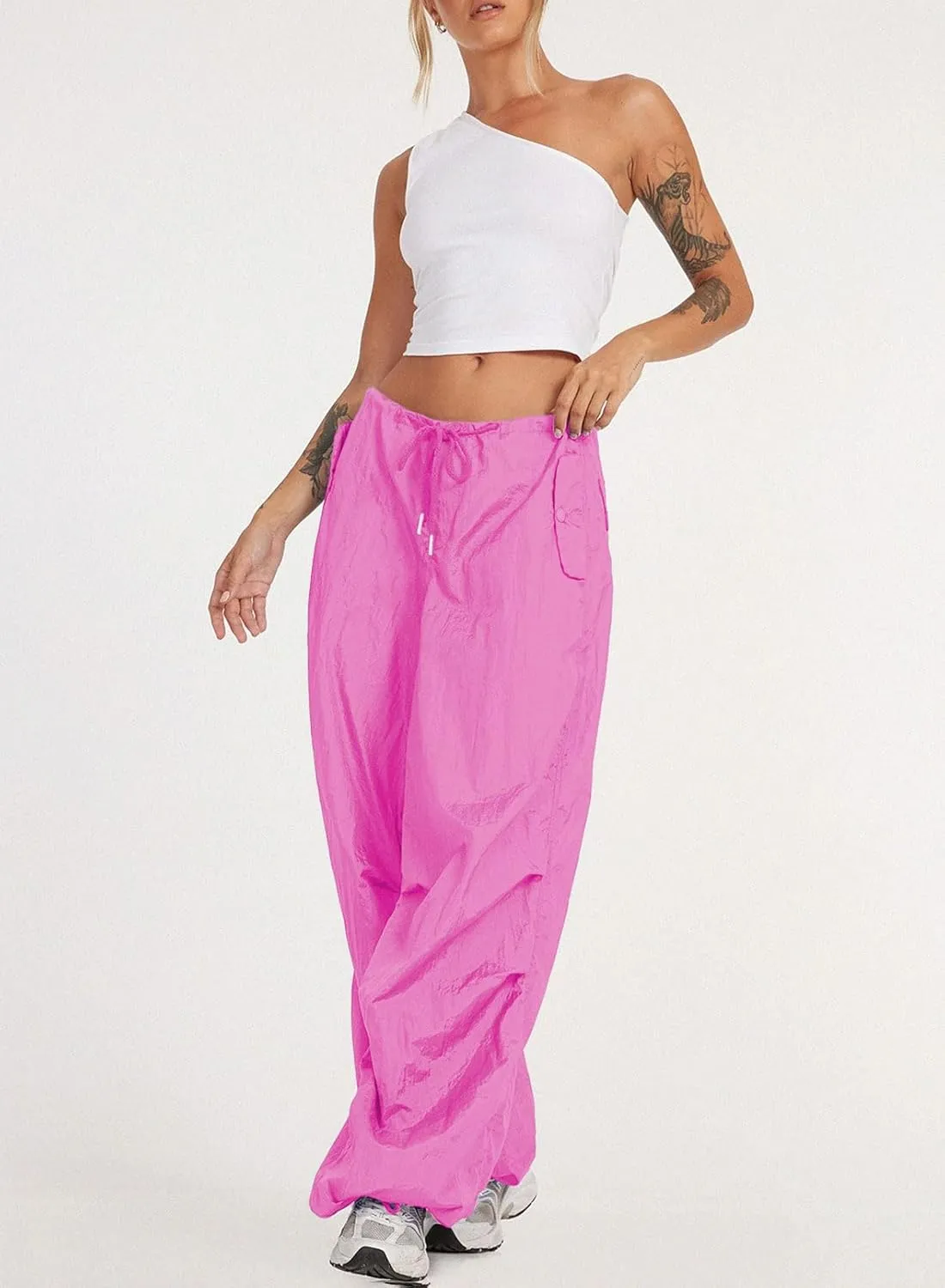 ONIRIKE Womens Parachute Pants Drawstring Elastic Low Waist Sweatpants Loose Baggy Y2K Cargo Pants Trousers with Pockets