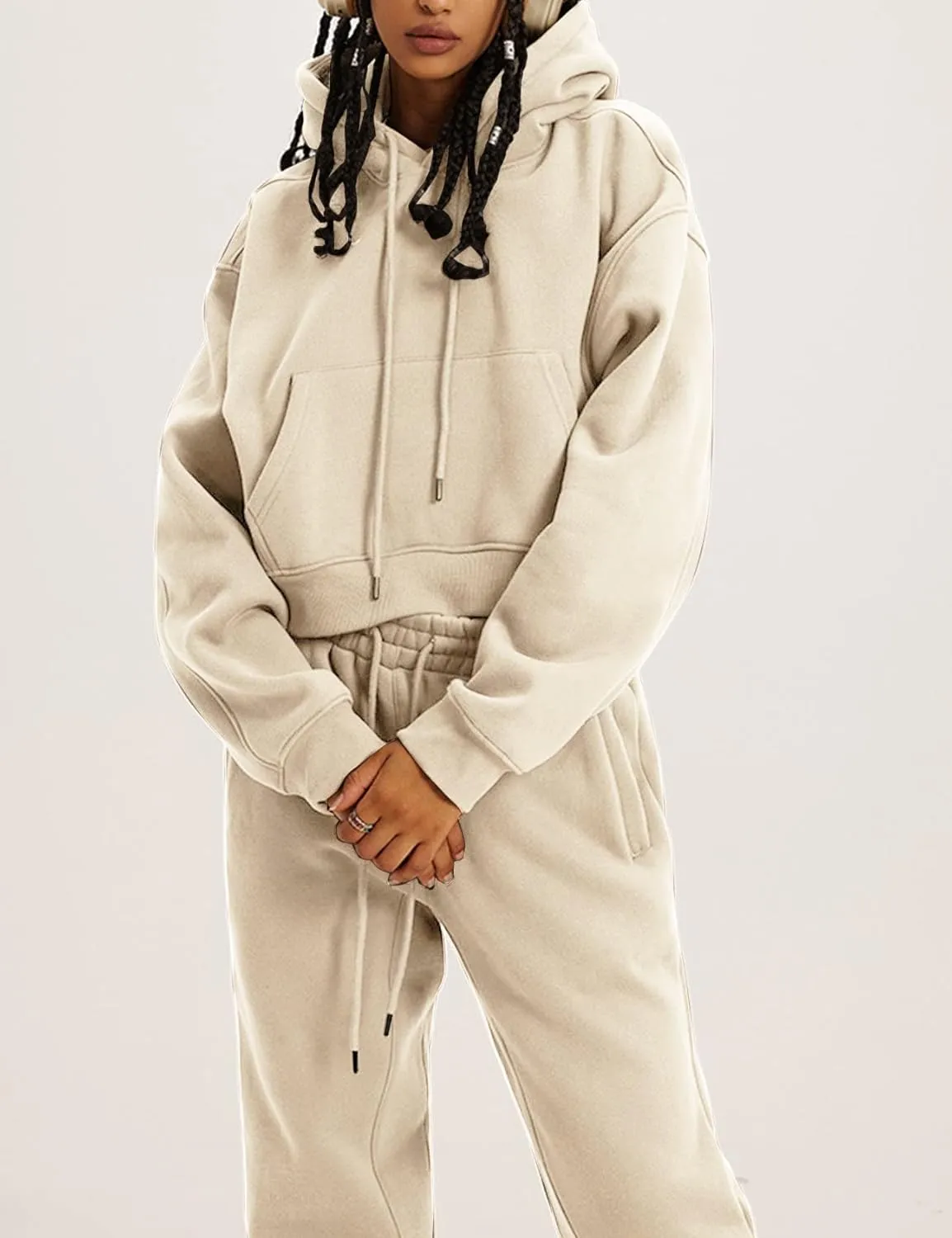PEHMEA Women's 2 Piece Sweatsuit Outfits, Winter Comfy Lounge Sets for Women, Fleece Hoodies Crop Pullover with Joggers Pants