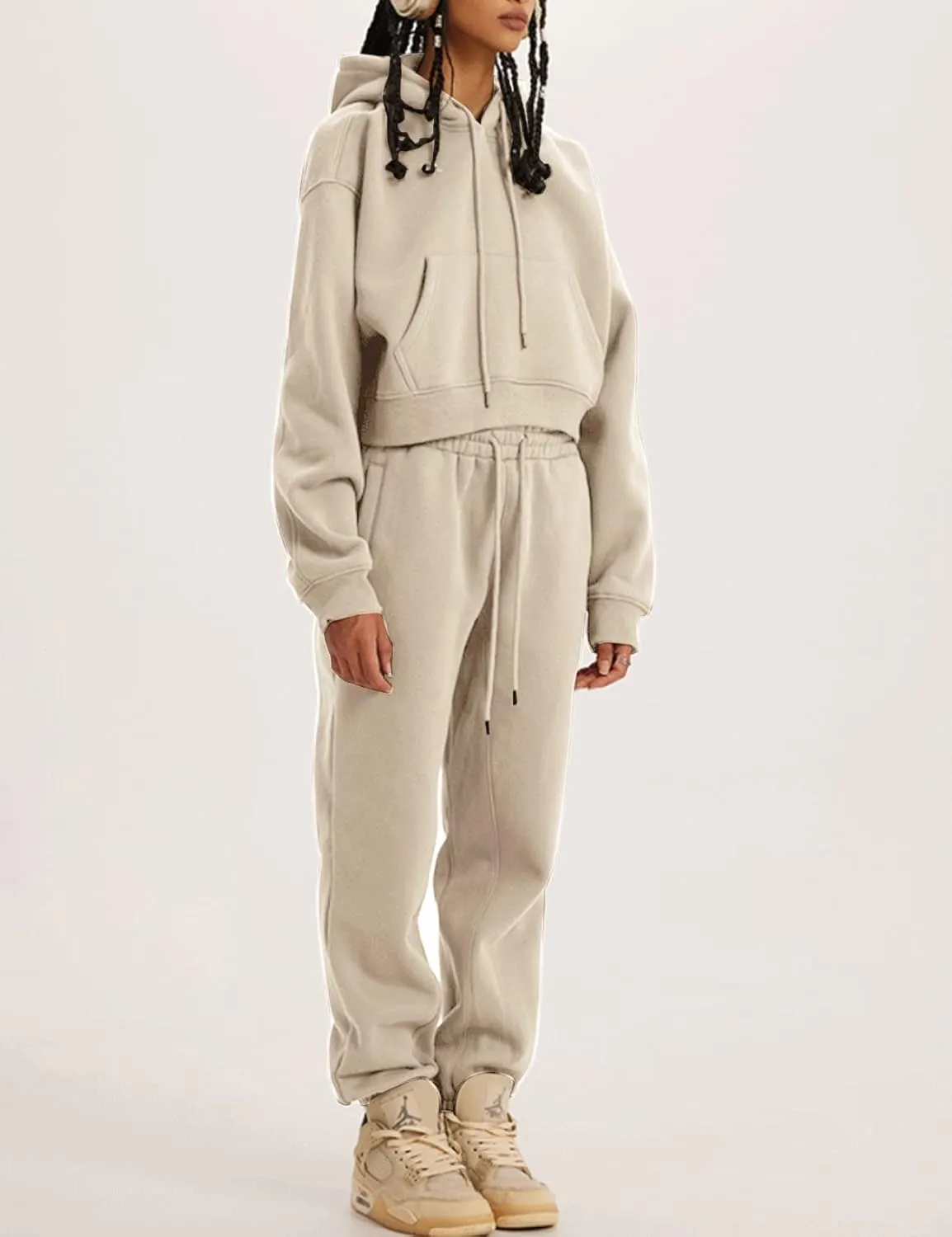 PEHMEA Women's 2 Piece Sweatsuit Outfits, Winter Comfy Lounge Sets for Women, Fleece Hoodies Crop Pullover with Joggers Pants