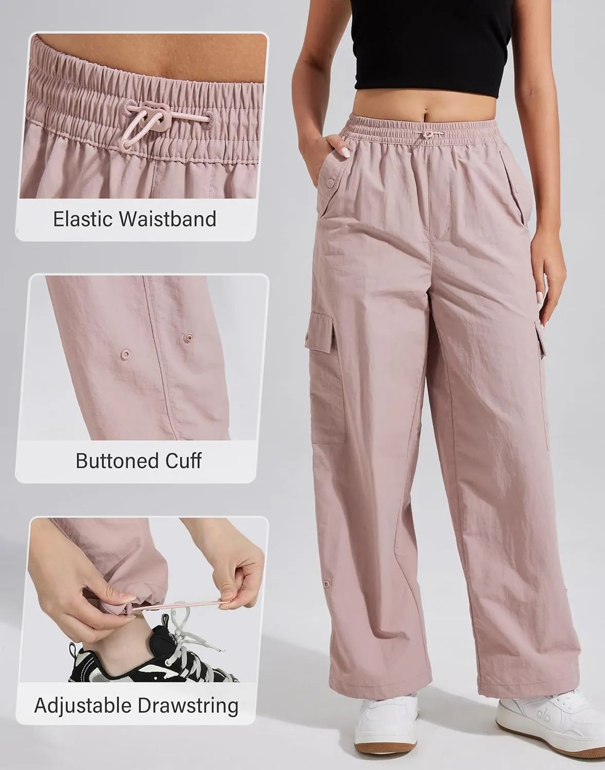 Pioneer Camp Womens Parachute Cargo Pants with Pockets Baggy High Waisted Quick Dry Hiking Pants Lightweight Wide Leg
