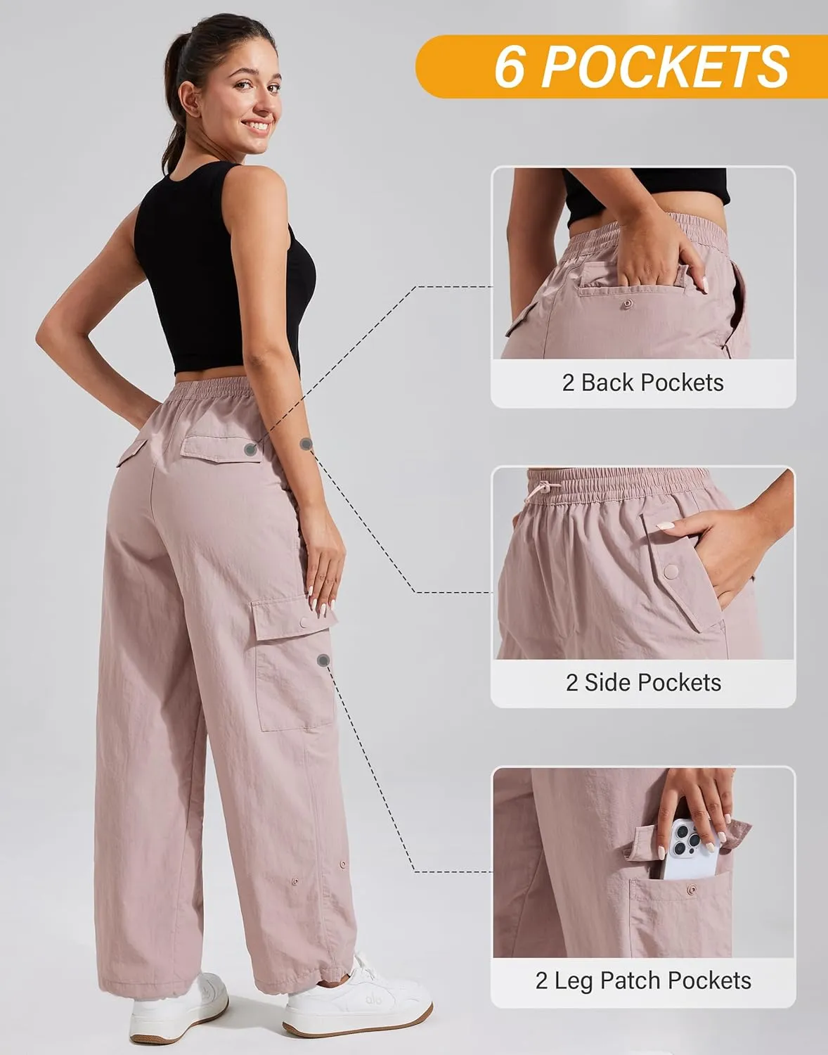 Pioneer Camp Womens Parachute Cargo Pants with Pockets Baggy High Waisted Quick Dry Hiking Pants Lightweight Wide Leg