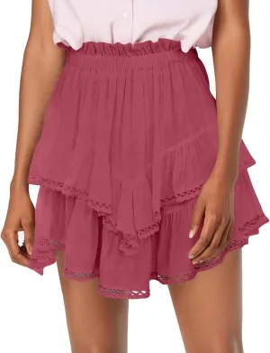 Pleated Skirts for Women Cute High Waist Ruffle Mini Skirt Layered Ruffle Flared Flowy Swing Beach Mini Short Skirt