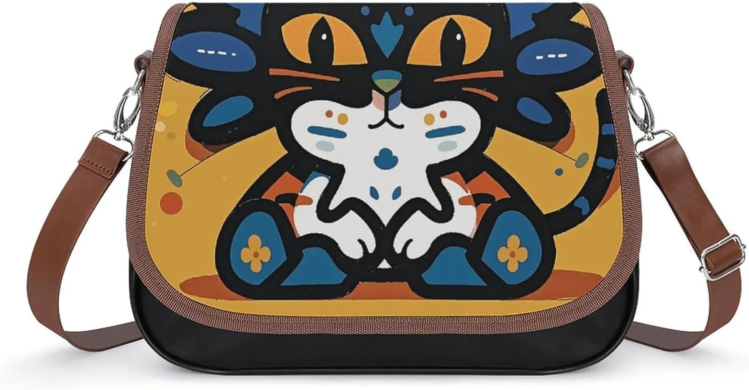 PU Leather Crossbody Bag Quirky Cat Print Flapover Tote Bag Shoulder Handbag Purse for Women with Adjustable Strap