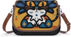 PU Leather Crossbody Bag Quirky Cat Print Flapover Tote Bag Shoulder Handbag Purse for Women with Adjustable Strap