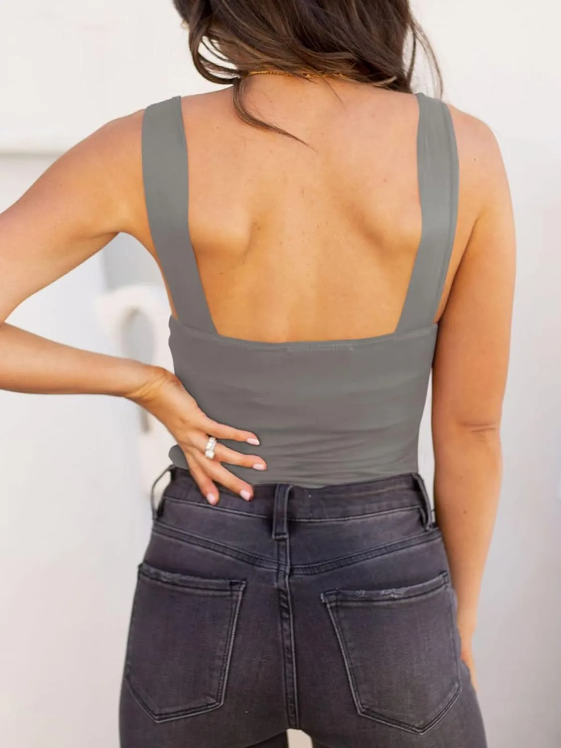 REORIA Butsmooth Womens Basic Sexy Square Neck Sleeveless Tank Tops Bodysuits Clubwear