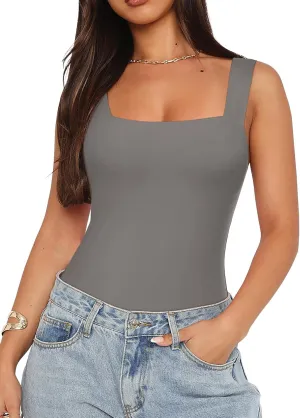 REORIA Butsmooth Womens Basic Sexy Square Neck Sleeveless Tank Tops Bodysuits Clubwear